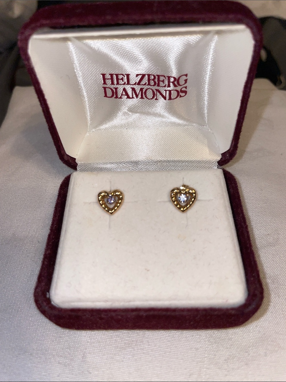 Helzberg Diamonds Gold Heart Stud Earrings with White Stones